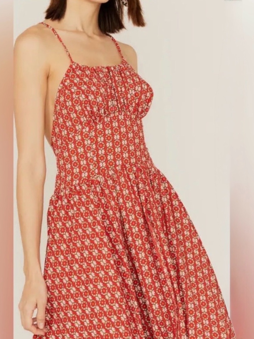 Molly Bracken Red Printed Spaghetti-Strap High-Low Boho Festival Dress Sz Small - Picture 3 of 10